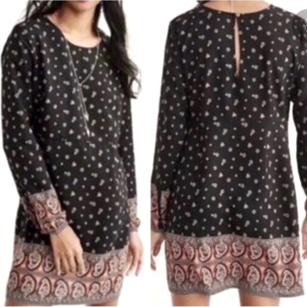 ABERCROMBIE and FITCH Preppy Boho BLACK PAISLEY LONG SLEEVE Shift DRESS Sz XS